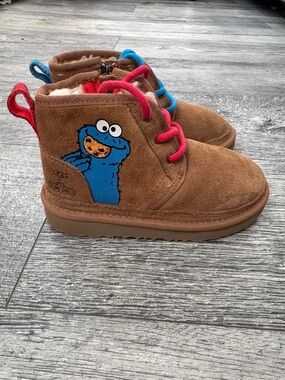 UGG Kids Brown Suede Cookie Monster Boot with Pink & Blue Details
